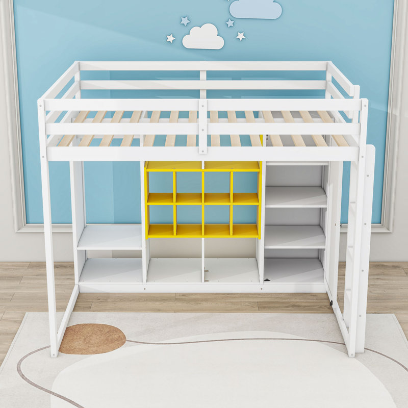 Lit mezzanine en bois avec tablettes colorées et échelle, Blanc / jaune, Double