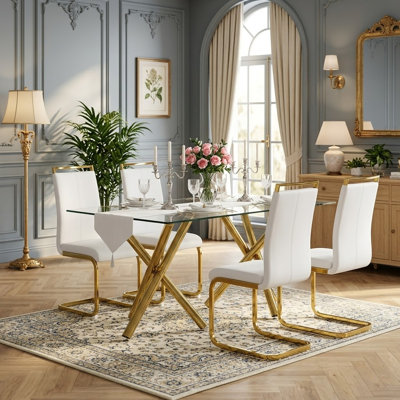 Modern Glam 5-Piece Tempered Glass Dining Set with Faux Leather Chairs