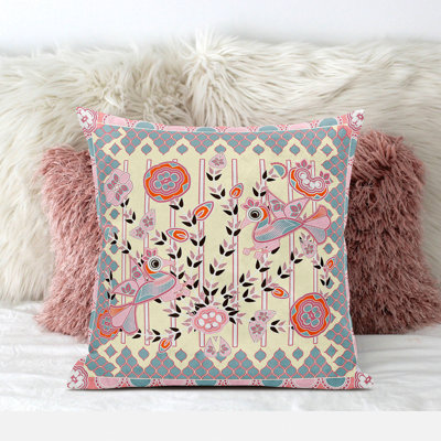 16" X 16" Bird Blown Seam Floral Indoor Outdoor Throw Pillow