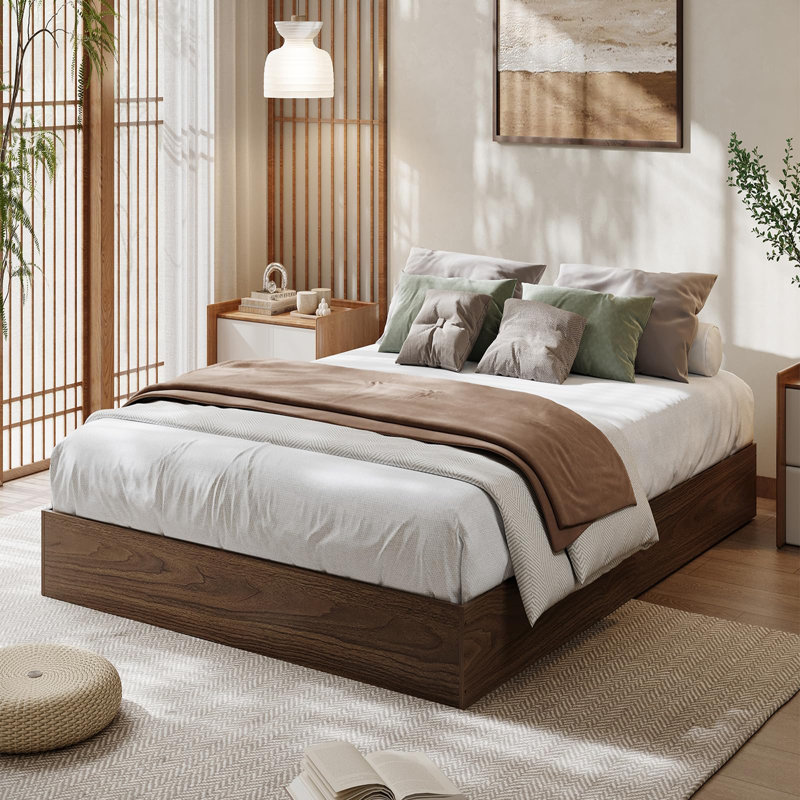 Walnut Twin XL Wood Platform Bed Frame, Wooden Slats, Noise-Free, No Box Spring Needed, Easy Assembly, Tan, Extra-Long Twin
