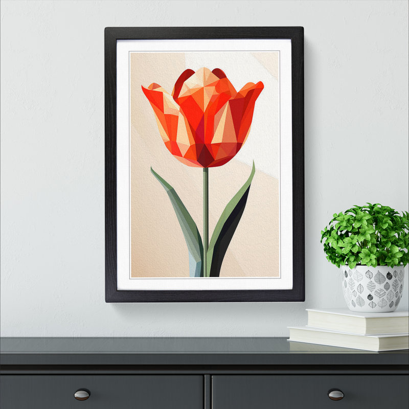 Tulip Flower Geometric No.2 - Single Picture Frame Print on Wood, 34cm H x 25cm W x 2cm D, Black