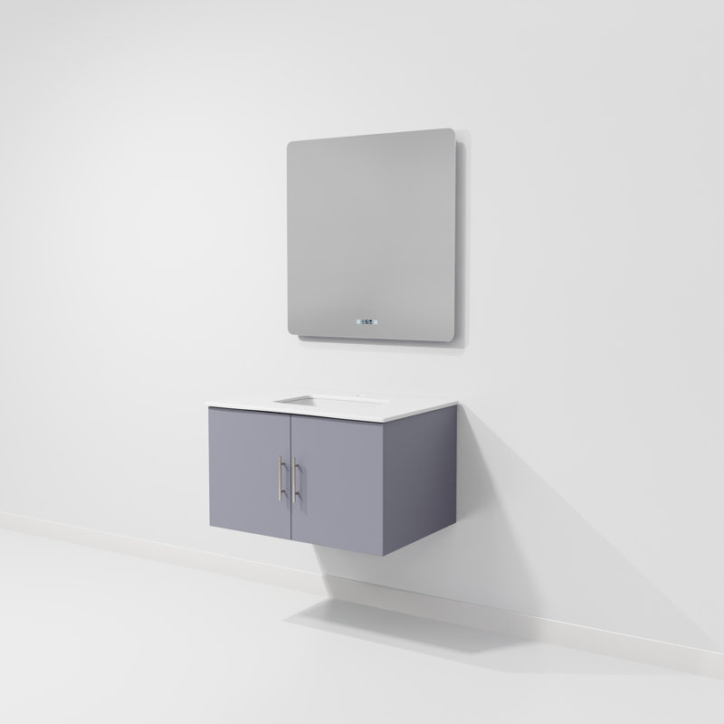 Ensemble de meuble-lavabo mural simple 30 "avec miroir Geneva, Gris foncé, Quartz blanc
