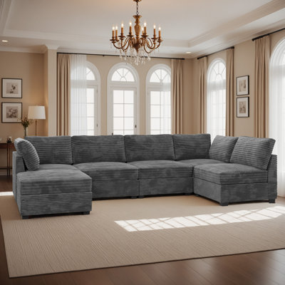 6-piece Modular Corduroy Sectional Sofa With Ottoman, Deep Seat Cloud Couch For Living Room & Bedroom, Easy To Assemble, Soft Upholstered Modern U&l-shaped Sofa