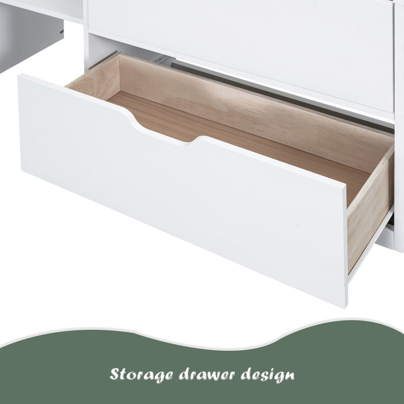 Twin Size Low Loft Bed With Rolling Desk, Shelf And Drawers, White