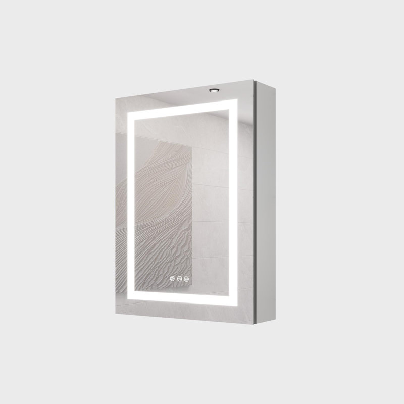 Armoire à pharmacie de salle de bain murale à DEL avec lumières 20 po x 28 po avec miroir, antibuée, imperméable, à intensité variable, 3000 K ~ 6000 K, porte simple, interrupteur tactile, tablettes de rangement
