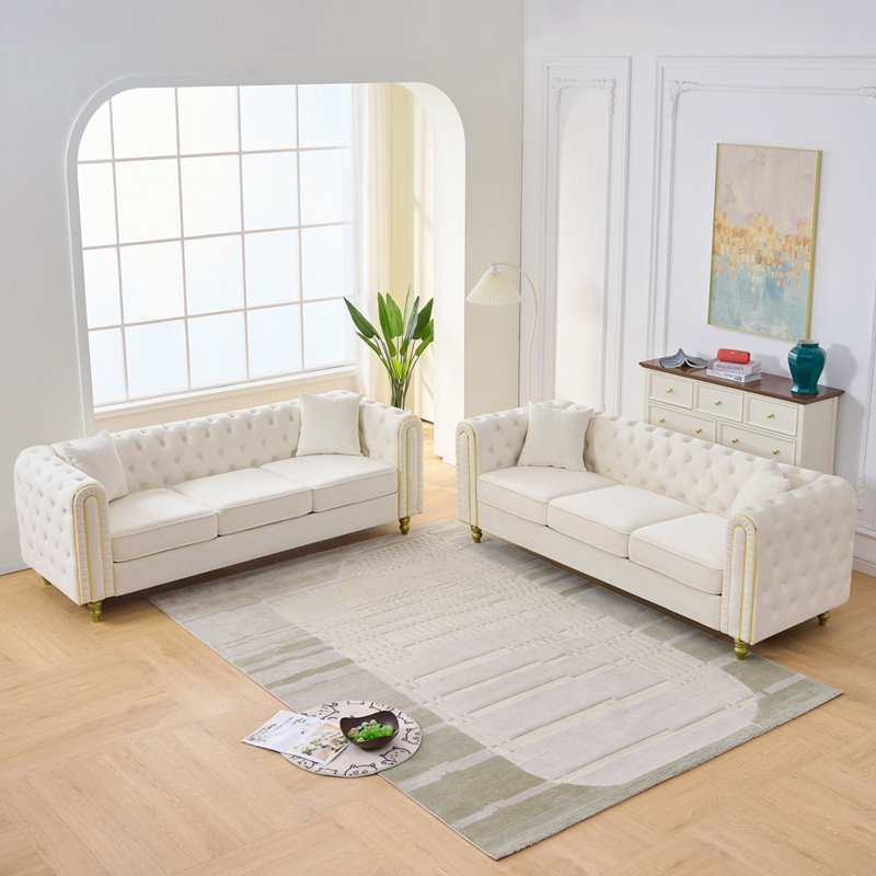 Ensemble de canapé chesterfield moderne 3 places + 3 places, Velvet+Beige