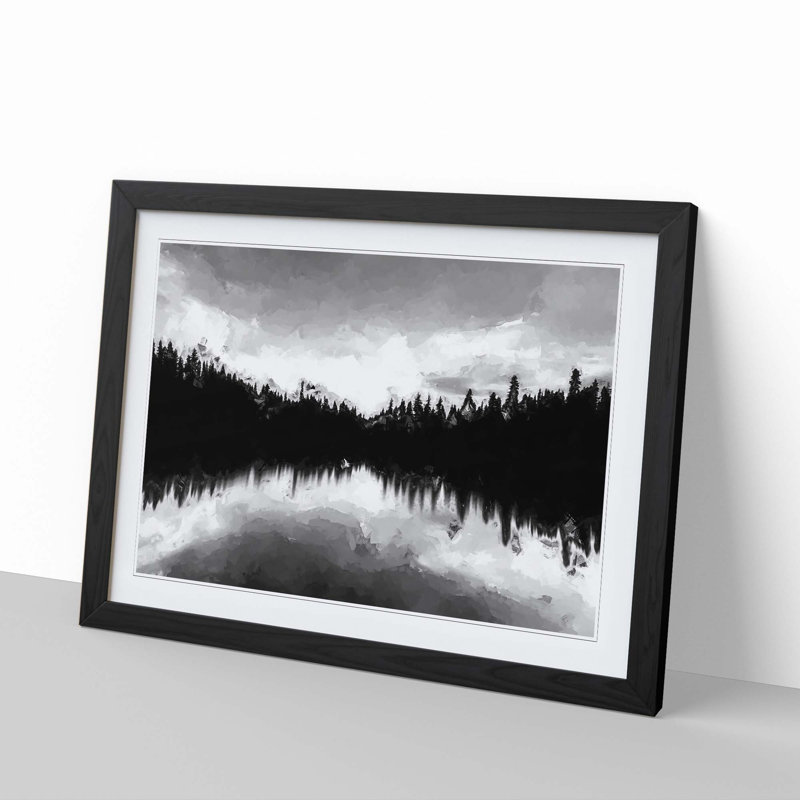 Forest Reflecting on a Lake in Abstract - Picture Frame Painting Print, Black Framed, 27cm H x 36cm W x 2cm D