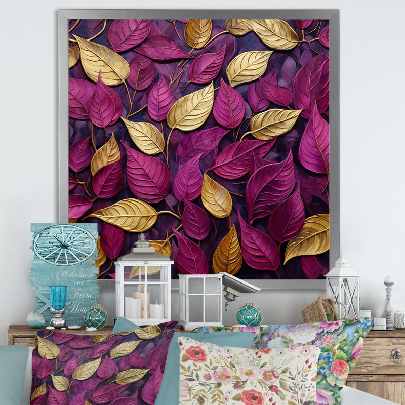 Feuilles dorées et roses charmantes I, Cadre simple argenté, H 30 po x l 30 po x P 1 po
