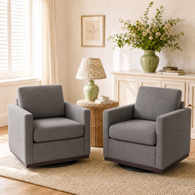 Modern Upholstered Taupe Square Swivel Armchair with Matel Base (Set of 2)