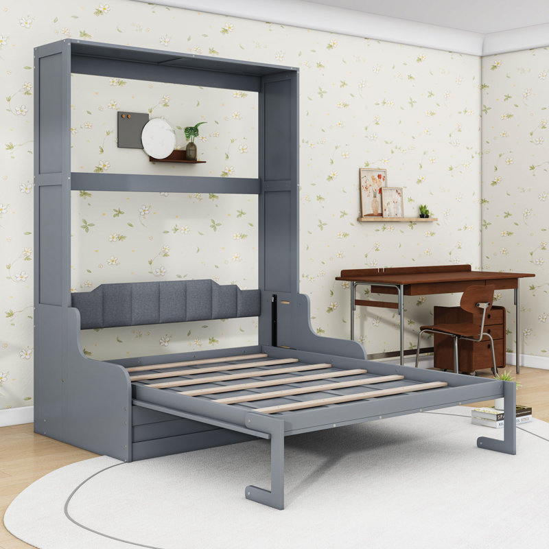 Grand lit escamotable en bois avec canapé et lattes intégrés, gris