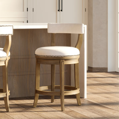 Tabouret de bar à hauteur de comptoir à 180 degrés à retour automatique 180 po, finition pacane, siège en similicuir gris, dossier ouvert avec structure en bois, garniture cloutée, pieds incurvés, revêtement en tissu et tissu d'ameublement en lin
