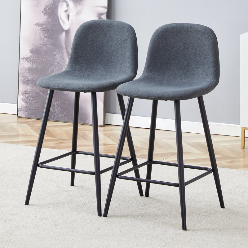  Chaises de bar avec tissu en lin gris foncé et pieds noirs, dossier arrondi, ensemble de 2, noir, gris foncé, Gris