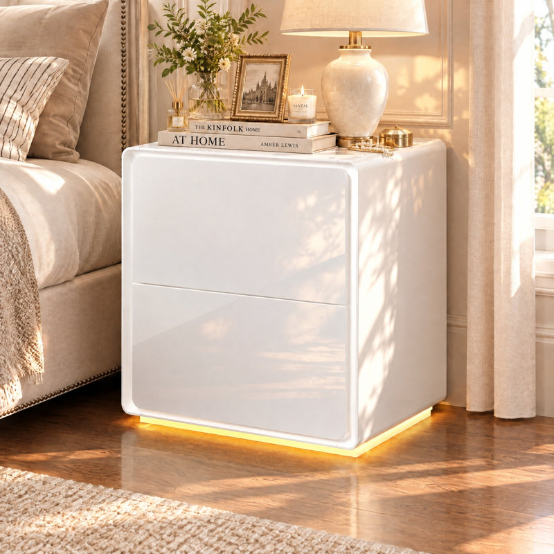 Modern High-Gloss 2-Drawer Nightstand with Warm LED Light