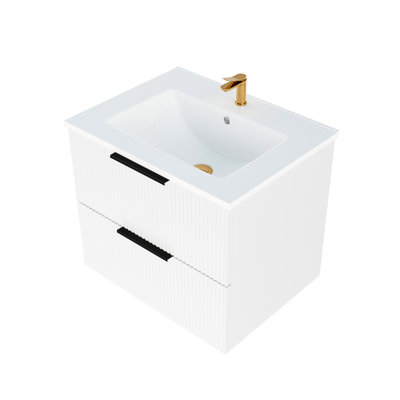 Wall Mounted Floating 18 - 20 Inch White Bathroom Vanity With Ceramic Sink, Two Drawers, Big Storage, Guide Rail 24 Modern Fluted Sink And U Shaped First Drawer, Storage
