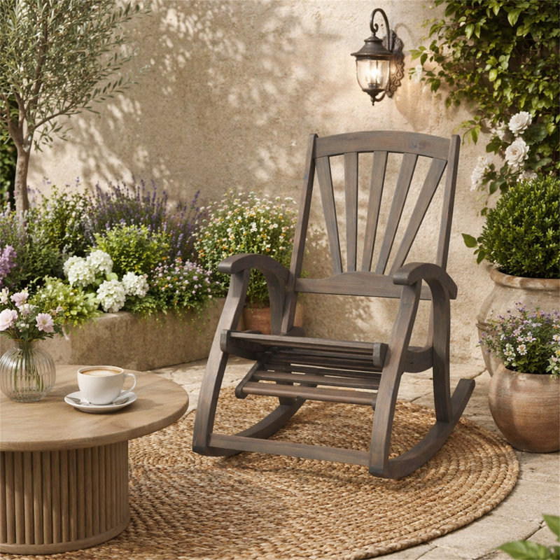 Chaise berçante d'extérieur en bois d'acacia avec repose-pieds rétractable, Gray