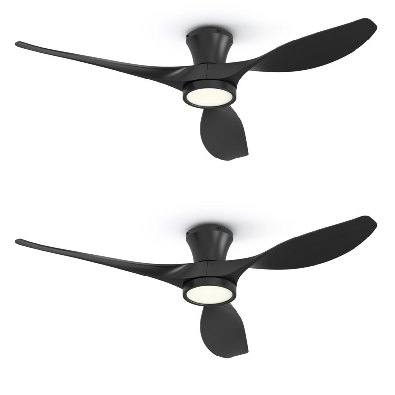 Jacara 52" Flush Mount Ceiling Fan with LED Light & Remote (set of 2), Black with Black Blades