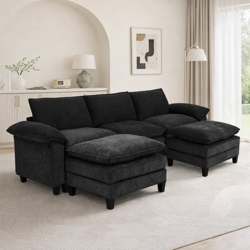 Canapé d'angle rembourré avec 2 repose-pieds, Tissu noir, H 37,4 po x l 113 po x P 61 po