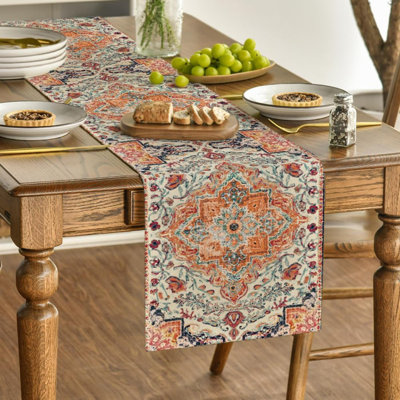 Boho Bohemia Style Orange Table Runner, Country Rustic Farmhouse Magical Fall Kitchen Dining Table Decoration For Home Party Decor 13X108 Inch