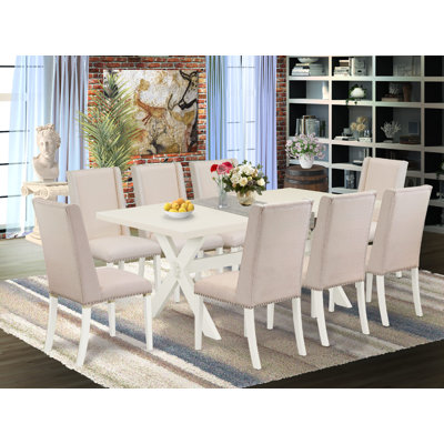 9 Piece Dining Room Table Set Includes a Rectangle Dining Table with X-Legs and 8 Cream Linen Fabric Upholstered Parson Chairs, Wire brushed Linen White
