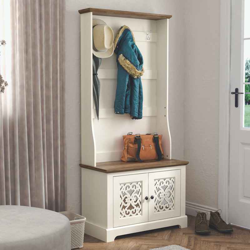 Arignote Hall Tree 31.3'' Wide with Bench and Shoe Storage, Ivory/Brown