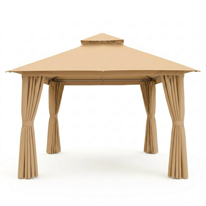 Gazebo de patio Yardgrace 3,66 m x 3,66 m avec toit souple, auvent à 2 niveaux, moustiquaire et rideaux d'intimité, brun