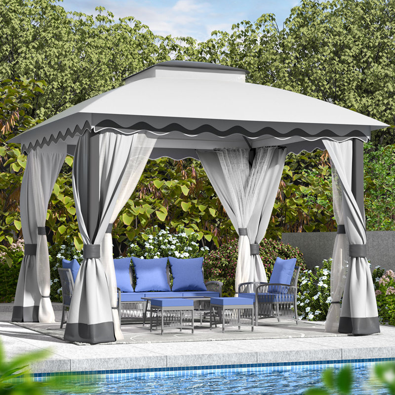 Outdoor Patio Gazebo Heavy Duty Gazebos With Mosquito Netting & Double Roof, Gray, 112" H x 121" W x 121" D