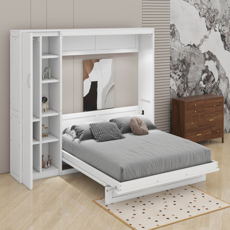 Lit escamotable double avec tablettes, garde-robe et DEL, Blanc