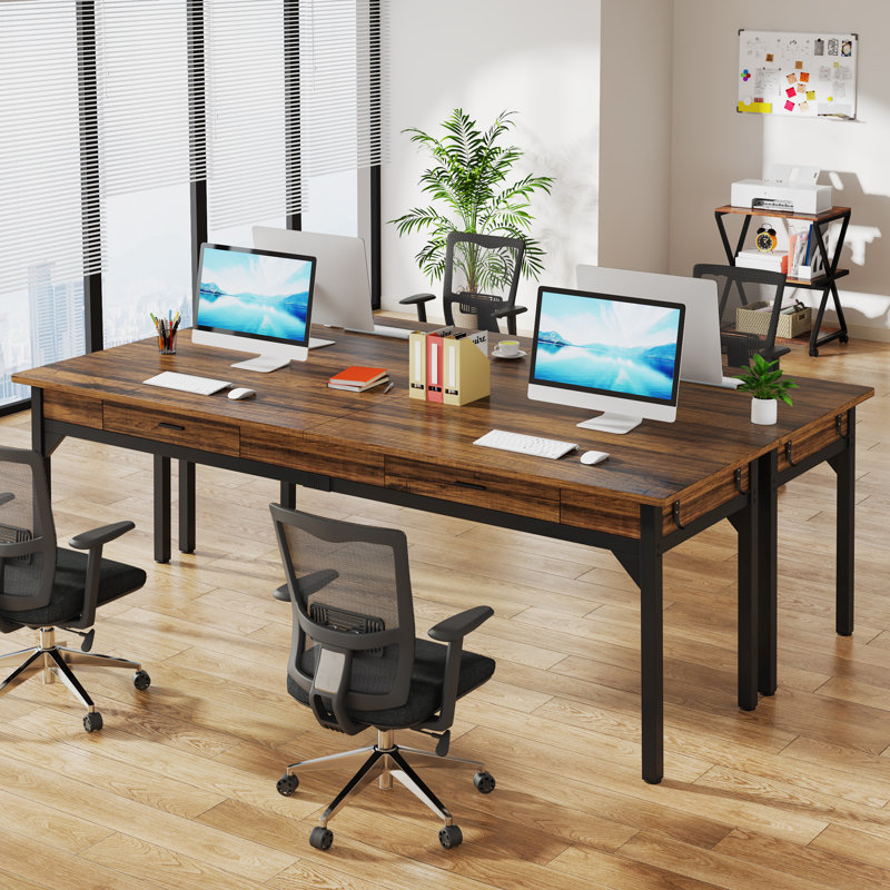Stefnie 78.7" Extra Long Computer Desk, Writing Desk with 2 Drawers, Rustic Brown/Black