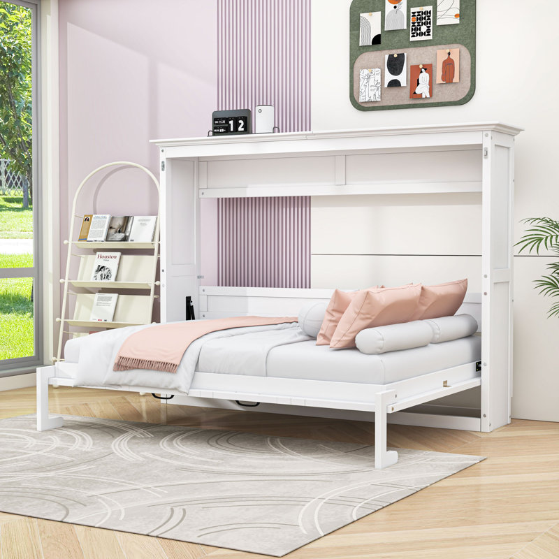 Lit escamotable peu encombrant avec armoire intégrée, Lit double, Blanc