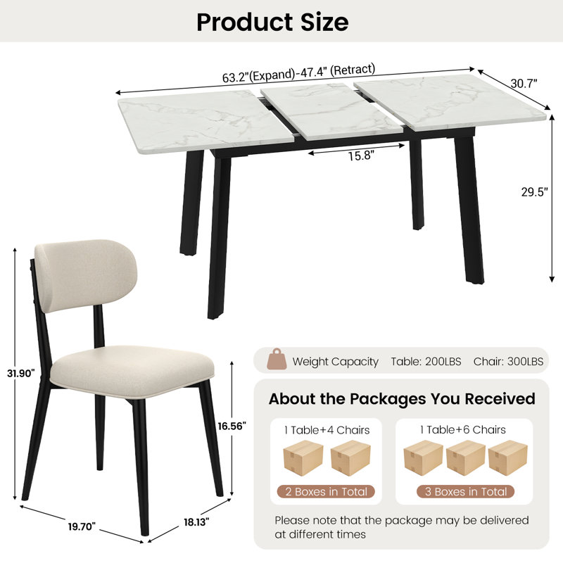 Ensemble de 7 tables de salle à manger extensibles, table de cuisine de 47,4 po à 63,2 po avec 6 chaises rembourrées pour la salle à manger et l’appartement