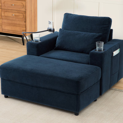 Chaise bleue de style moderne avec rangement mobile et caché, ports, porte-gobelets doubles et poches latérales pour les supports de rangement décontractés à usage domestique, porte-téléphone détendu
