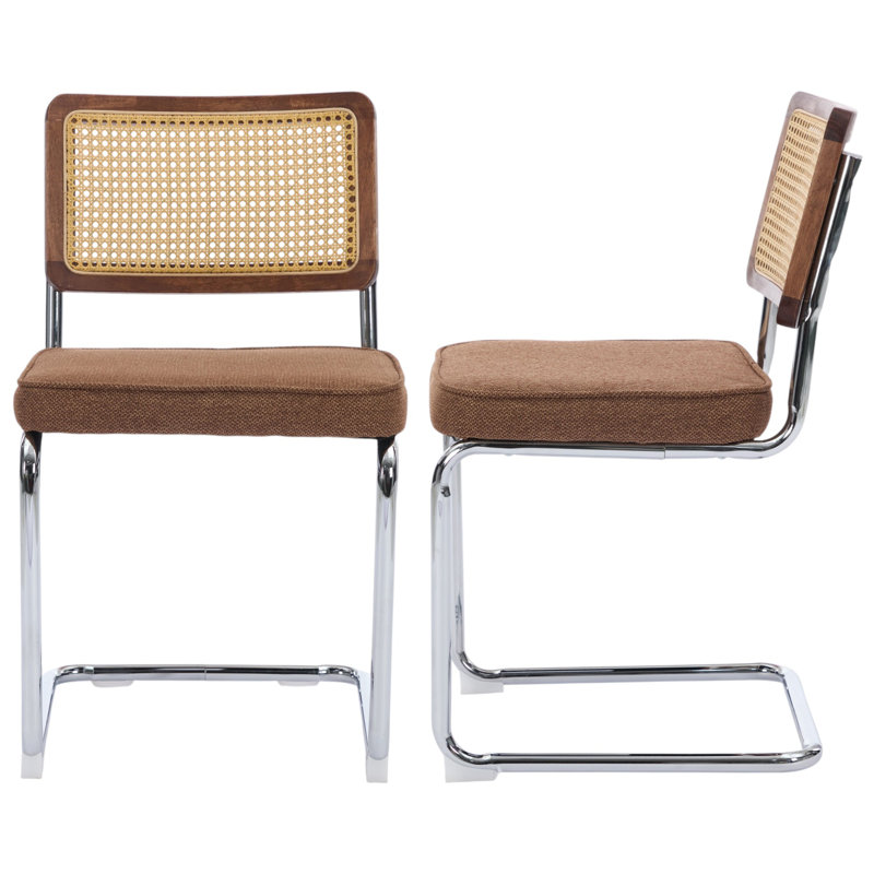 Dining Chairs with Natural Cane Back & Stainless Chrome Base, Linen Coffee