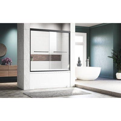 Porte semi-tubulaire 56-60 po L 62 po, finition noir mat, verre trempé transparent épais, modèle en acier inoxydable 304 et poignées, corrosion fiable