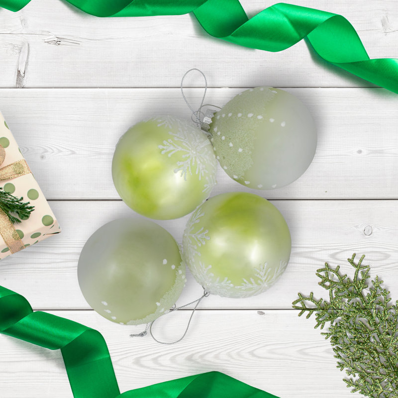 Snowflakes Glass Ball Christmas Ornaments - 3" (80Mm) - 4Ct, Green/White