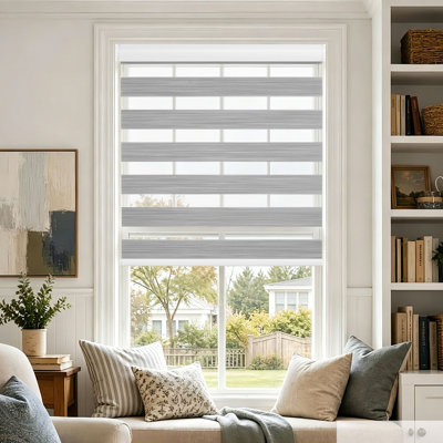 Dual Layer Cordless Zebra Blinds Free-Stop Day & Night Privacy Sheer Window Shades Hassle-Free Installation, Gray 70"W x 75"H