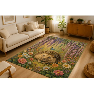"Ulta Light Weight" 5'x7' Woodland Hedgehog Garden Area Rug Soft Low Pile Indoor Rug with Non-Slip Silicone Backing Animal Decor Carpet for Living Room Bedroom Nursery Kids Room Playroom Green