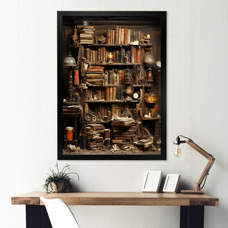 Ancient Reading Books Mystery - Books Wall Art, Black Single Picture Framed, 40" H x 30" W x 1.5" D