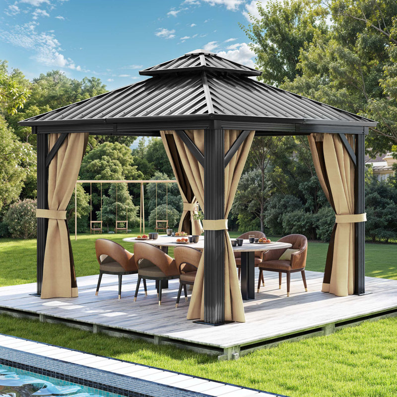 Pavillon de jardin en aluminium à double toit avec rideau et moustiquaire Balconera, H 9,6 pi x l 10 pi x P 10 pi
