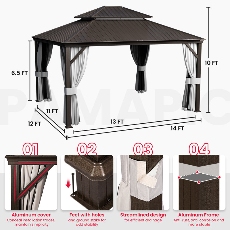 Metal Patio Gazebo, 115" H x 168" W x 144" D