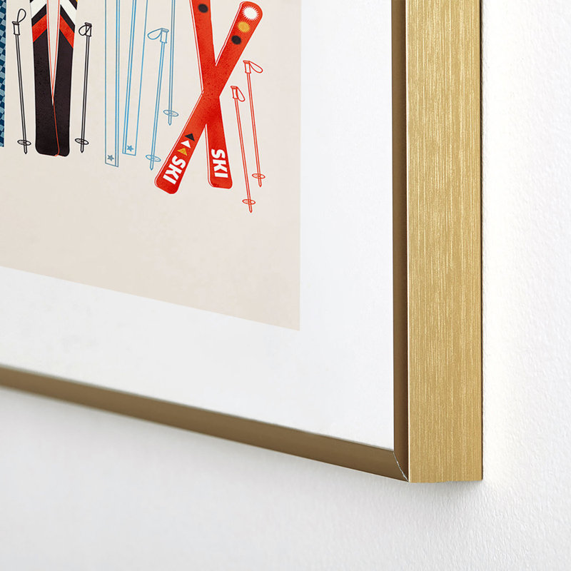 Showmemars Retro Ski Illustration, reproduction d'art encadrée, Cadre métallique doré, H 10 po x l 8 po x P 0,88 po