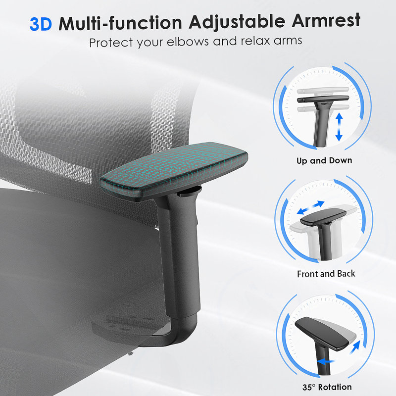 Chaise de bureau ergonomique avec support lombaire réglable, appui-tête, accoudoirs 3D, inclinable et fonction pivotante pour une utilisation confortable à la maison et au bureau