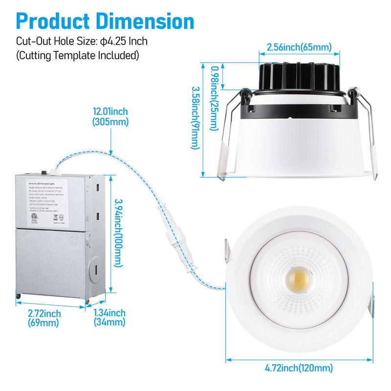 Spot encastré à DEL LumeX 4 po 14 W à cardan anti-éblouissement, sans boîtier, avec bordure étroite