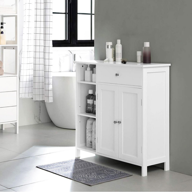Freestanding Storage Cabinet with Drawer, 3 Open Compartments, Adjustable Shelves
