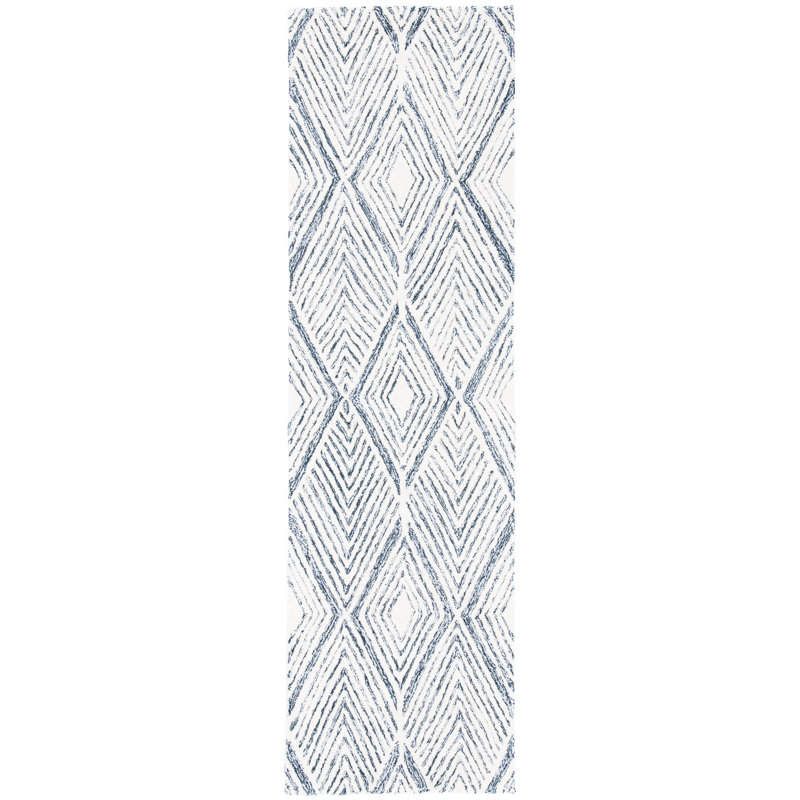 Tapis géométrique abstrait en laine / coton touffeté à la main gris / ivoire, Tapis de couloir 2 pi 3 po x 8 pi