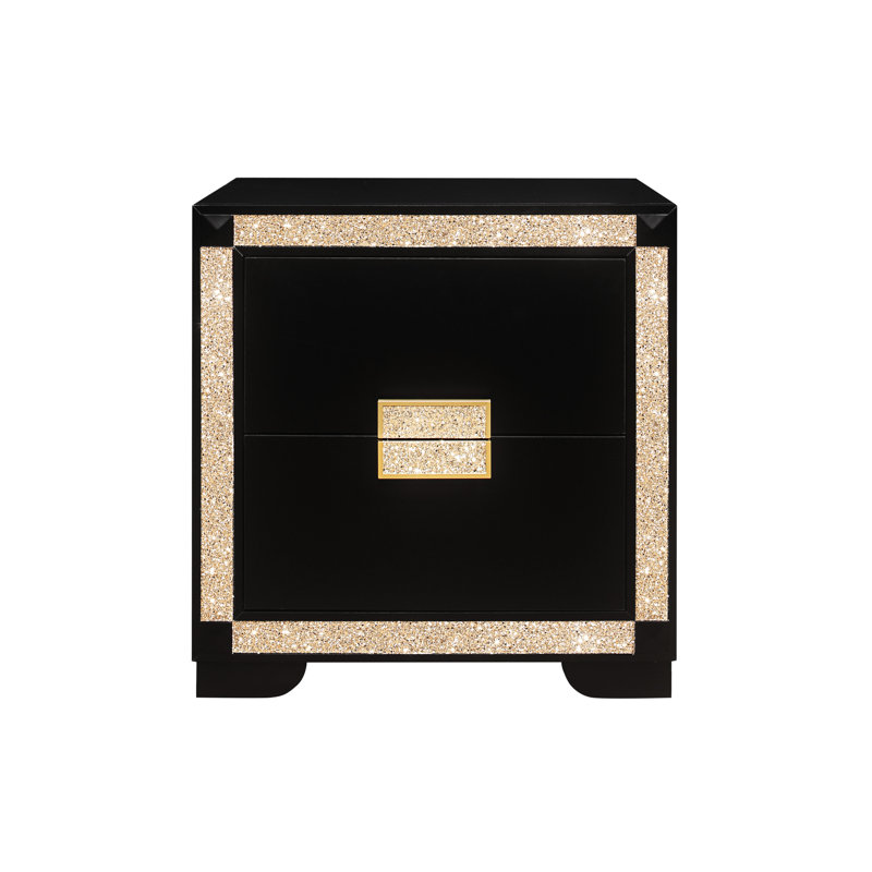 Table de chevet noire / dorée avec tiroirs spacieux et fabrication robuste en bois d'hévéa