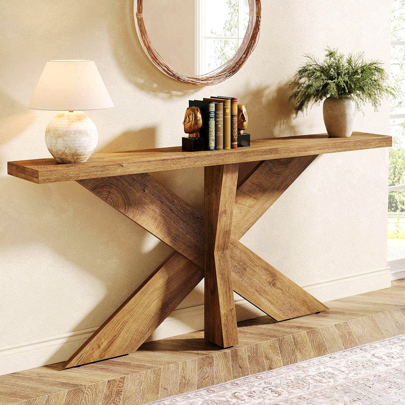 70.9" Long Farmhouse Console Table, Sofa Table Behind Couch With Geometric Wooden Base, Entryway Hallway Accent Table