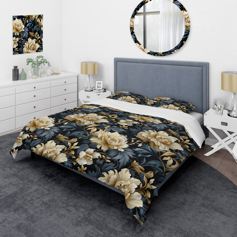 Ensemble de housse de couette luxueux en microfibre damassé noir et beige, Housse de couette pour grand lit et 2 taies décor