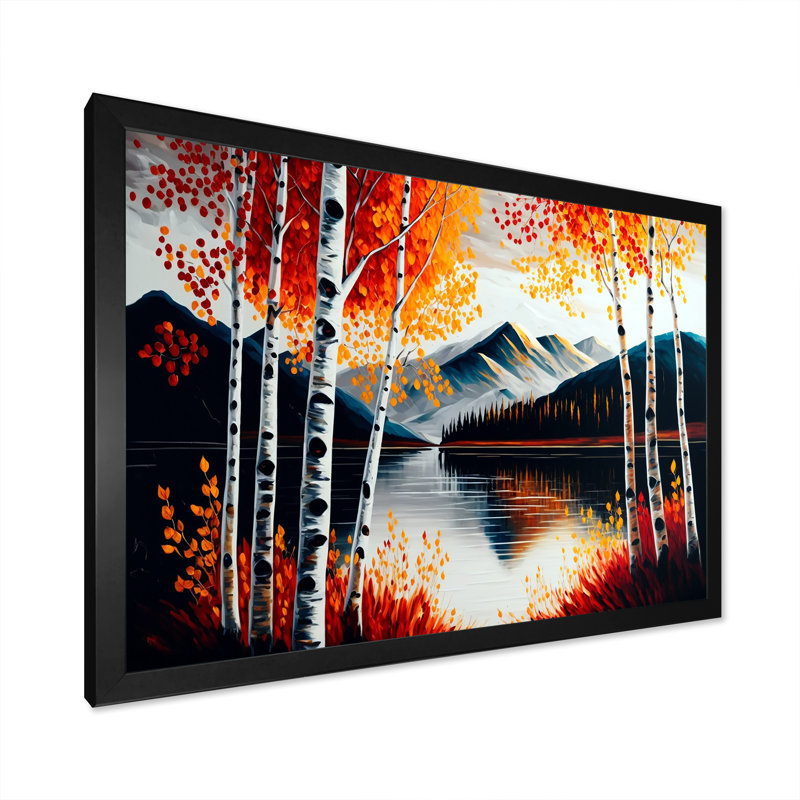 " Red And Orange Birch Trees By The Lake I ", Black Picture Framed Canvas, 12" H x 20" W x 1" D