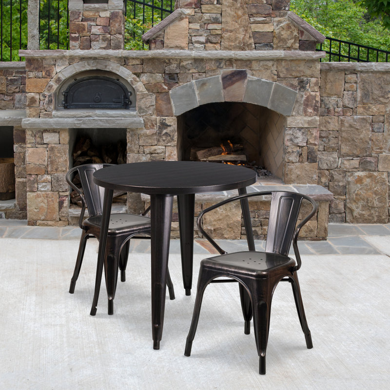 Duluth 30'' Round Metal Indoor-Outdoor Table Set with 2 Arm Chairs, Black / Antique Gold, 29.50" H x 30" W x 30" L