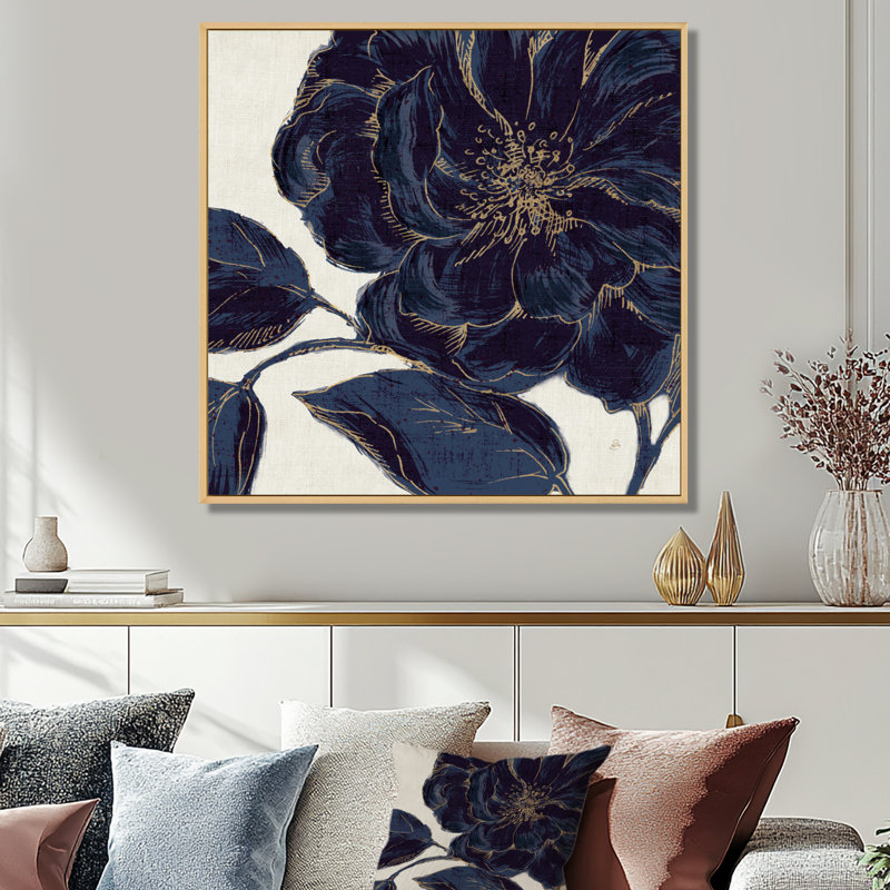 «Rose», art floral sur toile, doré doré foncé, H 30 po x l 30 po, Cadre flottant érable